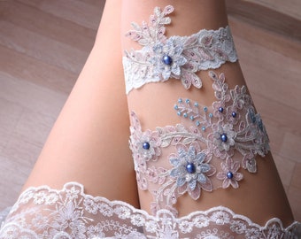 Blue wedding garter set,blue swarovski pearl garter,blue pink rhinestone wedding garter,blue garter for bride,plus size wedding garter -nt12