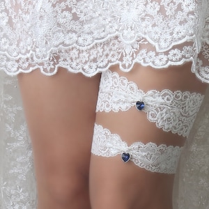 Blue crystal heart charm garter set, Wedding garter, Off white lace garter set, Bridal garter set, Garters for brides blue - T63