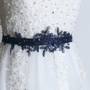 Blue sash belt, wedding belt navy, swarovski pearl belt, blue sash belt women, flower girl dress belt, wedding belt for bride blue - WB48