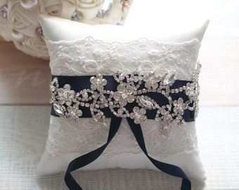 Wedding ring pillow,pillow for ring bearer, rhinestone lace ring pillow,Blue ring pillow,ring cushion,Ring holder, blue ring cushion-RT41