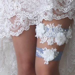Wedding garter set blue, blue wedding garter, garters for brides, flower lace garter, blue garter -t55
