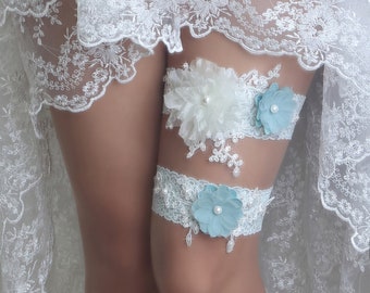 Blue wedding garter set, blue flower lace garter, wedding garter set teal, wedding garters for brides, wedding garter set sage -t49