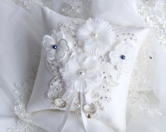 Satin White Wedding Ring Pillow: Blue Pearl Ring Bearer Cushion