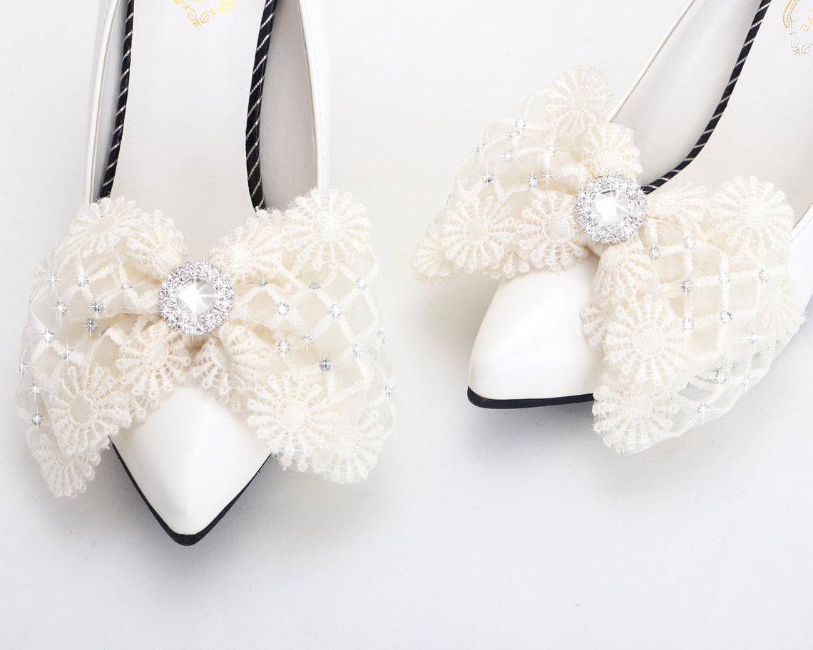Champagne lace shoe clips Big bow shoe clips Rhinestone shoe Etsy