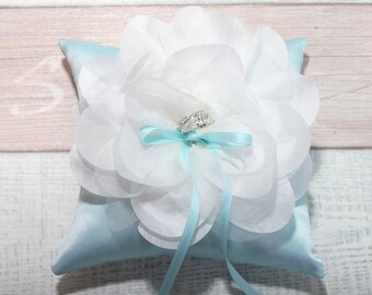 Wedding ring pillow blue, blue ring pillow with white corsage, ring bearer pillow, corsage ring bearer, pillow for ring bearer - RT20