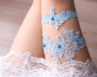 Swarovski pearl blue wedding garter set, wedding garters for bride, wedding garter lace blue, wedding garter for plus size -nt11