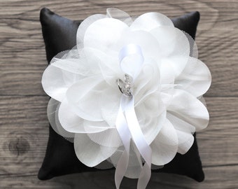 Black Ring Pillow with oversized White Corsage, Black satin ring pillow,Bridal Ring Bearer Pillow,Wedding Ring Holder,Something Blue-RT37