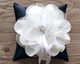 Navy Wedding Ring Pillow: White Silk Flower, Satin Ribbons