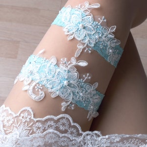 Wedding garter set teal blue, blue rhinestone wedding garter, wedding garter belt, blue wedding garter lace -nt23