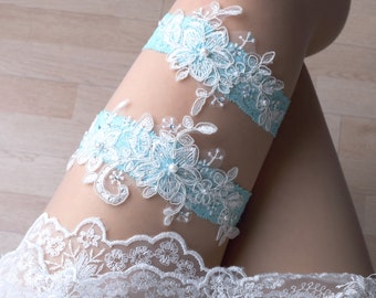 Wedding garter set teal blue, blue rhinestone wedding garter, wedding garter belt, blue wedding garter lace -nt23