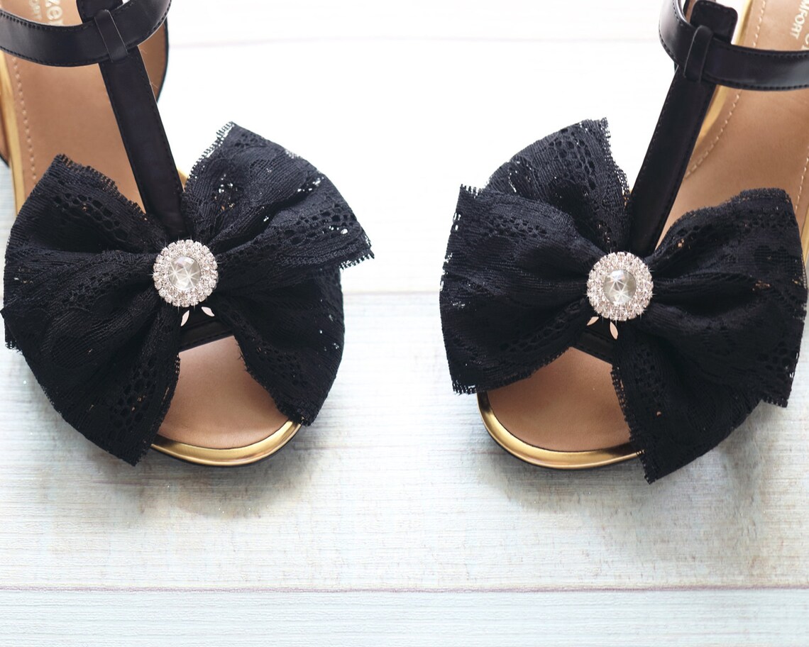 Black Lace Big Bow With Rhinestone Shoe Clips Ribbon Bow Shoe Etsy UK