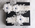 Swarovski Pearl Wedding Garter Set: Blue Lace Bridal Garters product logo