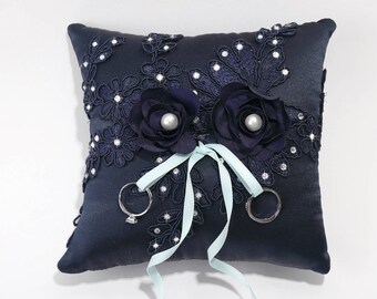 Wedding ring bearer pillow blue, navy ring pillow with lace, blue ring pillow, ring pillow for wedding, pillow for ring bearer -RT35