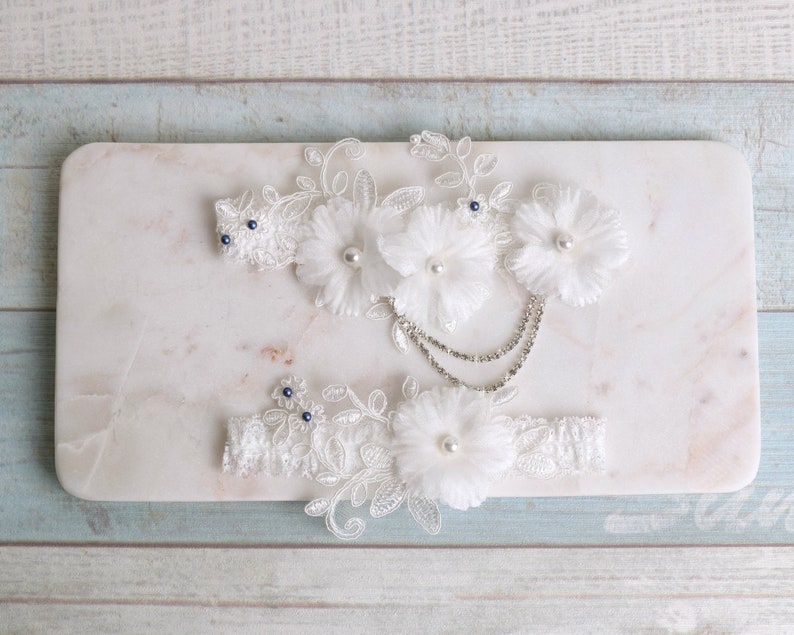 Wedding rhinestone garter set, blue swarovski pearls flower wedding garter set, bridal lace garter set, wedding garter, plus size garter-t96 image 6