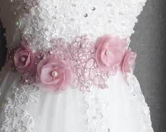 Blush Pink Floral Applique Wedding Sash, Flower Girl Sash,Maternity Belt