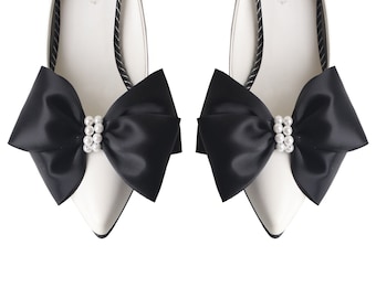 Satin Shoe Clips, Big Bow with Faux Pearl (Pair)