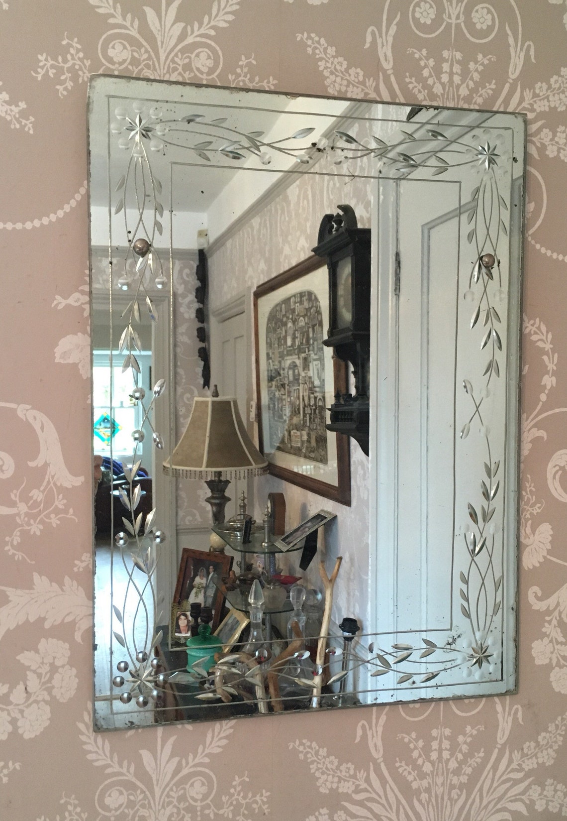 Vintage Beveled Edge Mirror With Etched Flower Border Art Deco Etsy
