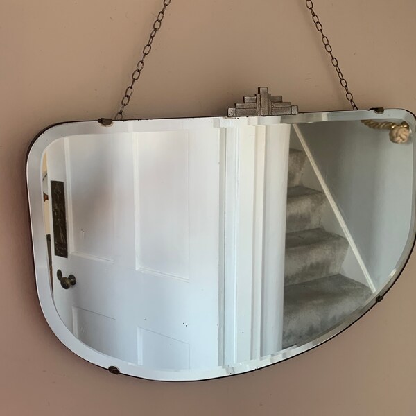 Vintage 1930-40s Bevelled Shaped, Chrome topped Art Deco Mirror