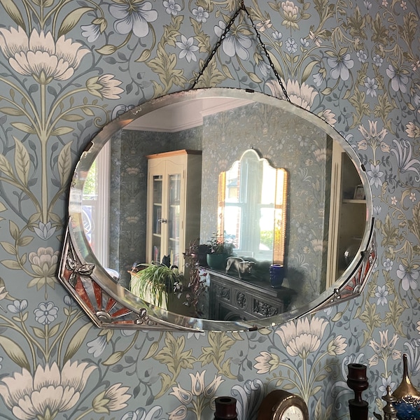 Vintage 1930-40s Bevelled Chrome Trimmed Art Deco Mirror