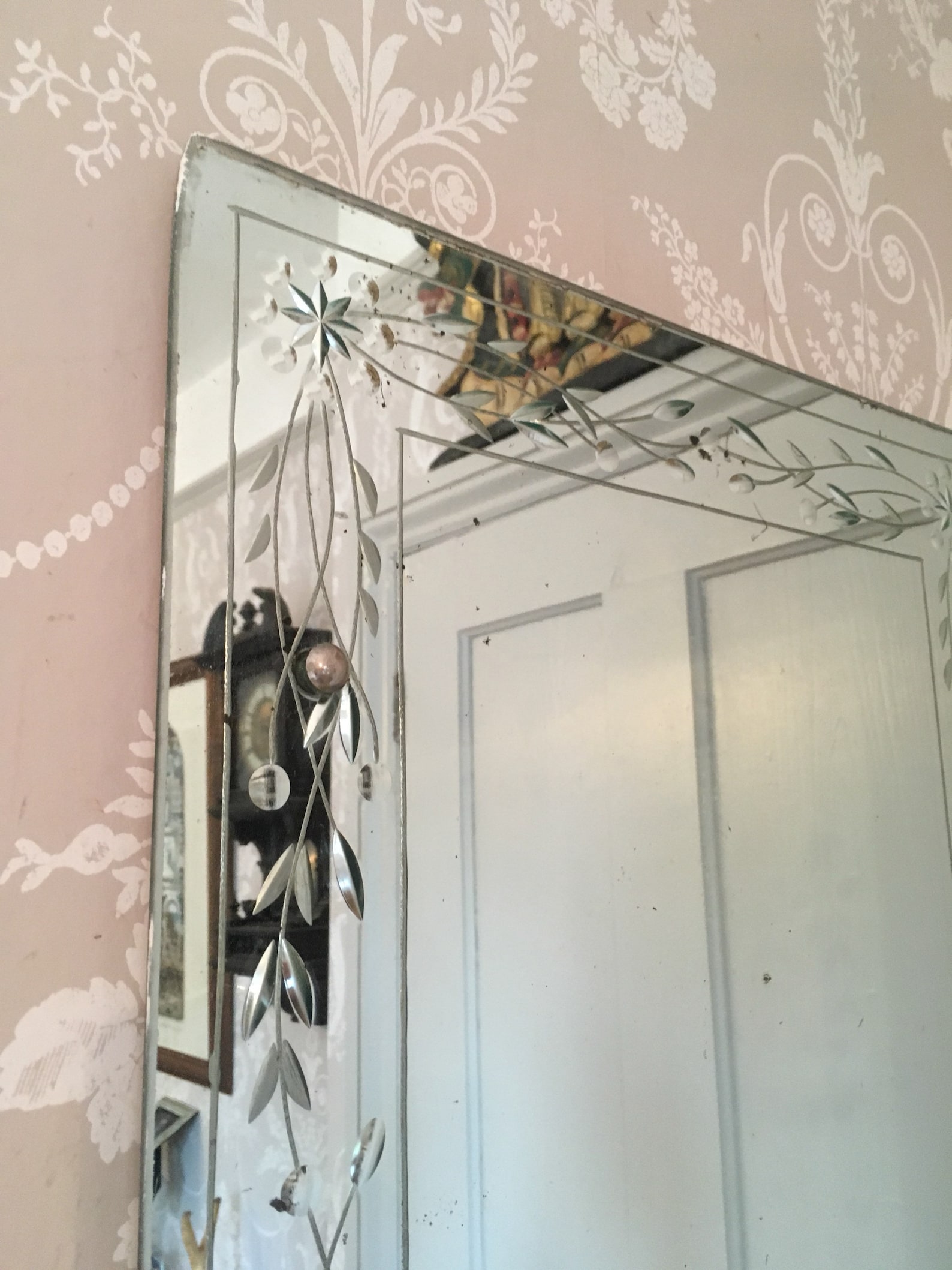 Vintage Beveled Edge Mirror With Etched Flower Border Art Deco Etsy