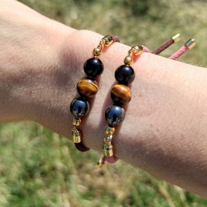 Verstelbare damesarmband en anker met drievoudige bescherming van nylon en goudmessing in hematiet, tijgeroog en zwarte onyx