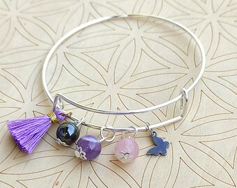 Empath protection bangle bracelet in stainless steel with amethyst, hematite, pink quartz and pompom