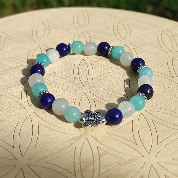 Bracelet en perles naturelles 8 mm de lapis lazuli, aigue marine et pierre de lune