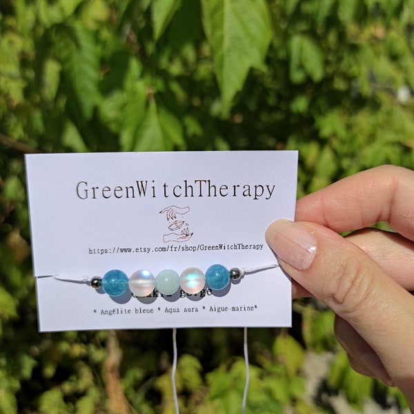 Throat chakra bracelet: communication, natural blue angelite beads, aqua aura, aquamarine, yoga bracelet, meditation bracelet