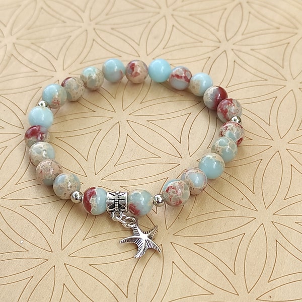 Natural 8mm aqua terra marine sediment jasper bead bracelet with starfish charm for inner peace