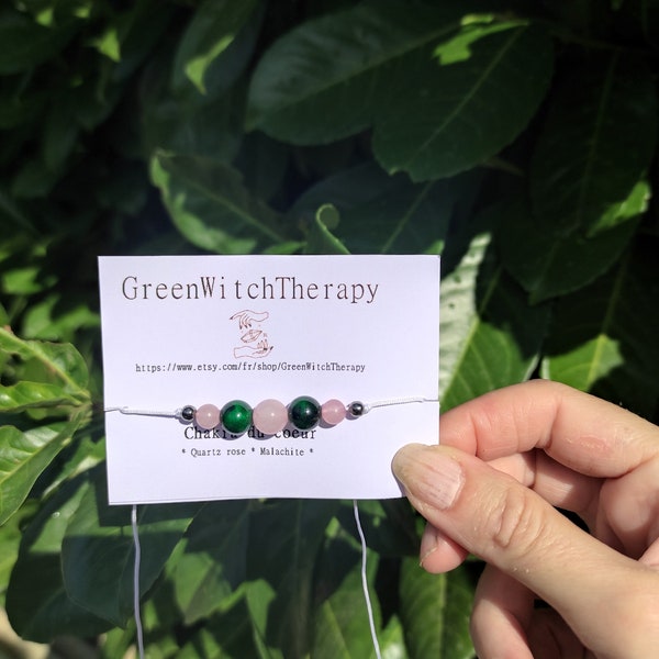Bracelet chakra du cœur: amour et guérison, perles naturelles quartz rose et malachite bracelet yoga, bracelet méditation, bracelet cristal