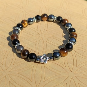 Drievoudige bescherming en ankerarmband in natuurstenen van tijgeroog, hematiet en zwarte onyx