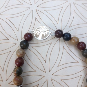 Bracelet Extensible En Pierres Naturelles - Jaspe Rouge, Jaspe Picasso Et Symbole Arbre De Vie