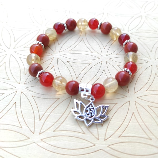 Bracelet confiance en soi en cornaline, citrine et jaspe rouge en perles naturelles de 8 mm avec breloque lotus