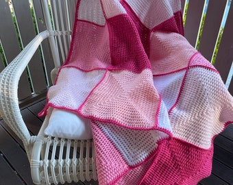 Handmade Crochet Blanket Throw Afghan, lounge gift, bedding gift, Pink white rose young girl decor, Patchwork, housewarming gift, home decor