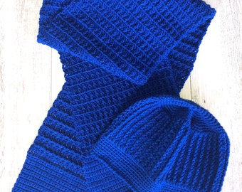 Handmade unique crochet style blue hat scarf set, crochet beanie and scarf, slouch hat beanie, blue hat & scarf, hat scarf for him or her