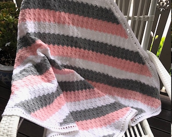 Handmade Plush Crochet pink grey & white baby blanket throw, a unique newborn, christening, or baby shower gift, ideal for pram, cot