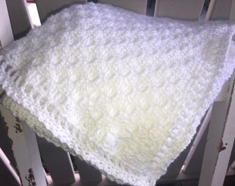 Handmade Plush Crochet white baby blanket throw, a unique newborn gift, christening gift or baby shower gift, for cot, pram, crib, bassinet