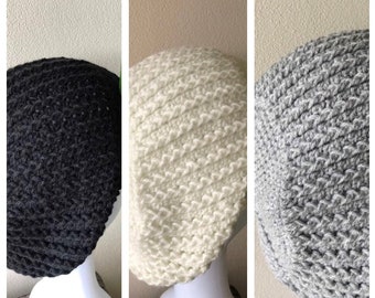 Handmade crochet hat, crochet beanie, grey hat, white hat, Black beanie, Black hat, boy or girl hat, grey beanie,  white beanie, his her hat