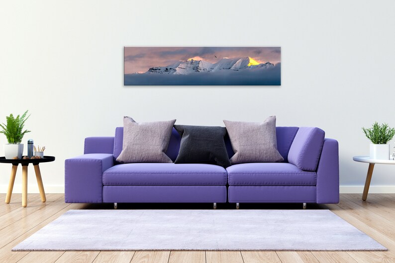 Living room wall decor featuring panoramic wall art print of Mount Timpanogos photography.