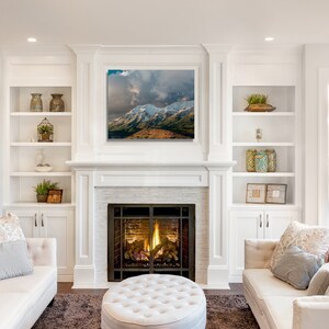 Luxury living room interior with a Utah wall art print of Mount Timpanogos.