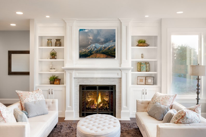 Luxury living room interior with a Utah wall art print of Mount Timpanogos.