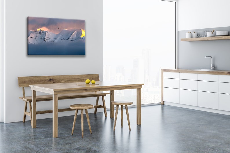 Kitchen wall decor with wasatch mountains art.