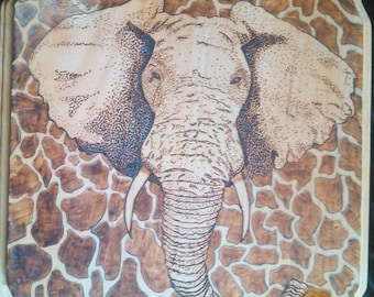 African Elephant Wood burned Plaque