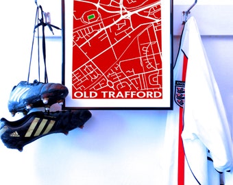 MANCHESTER UNITED Old Trafford, street map, art poster A3 print. MUFC Red Devils Unique to my store