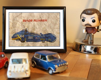 MOVIE CARS quad poster Blade Runner Rick Deckard's SPINNER 7"x 5" framed print.  Ideal for desks or hanging on your wall K's spinner, police