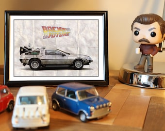 MOVIE CARS quad poster Back To The Future  7"x 5" framed print.  Ideal for desks or hanging on your wall DMC DeLorean 1981