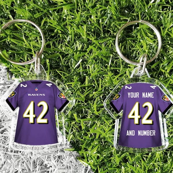 Llavero/llavero de los Baltimore Ravens. Totalmente personalizado con nombre y número. Fútbol americano. Regalo de la Superbowl.