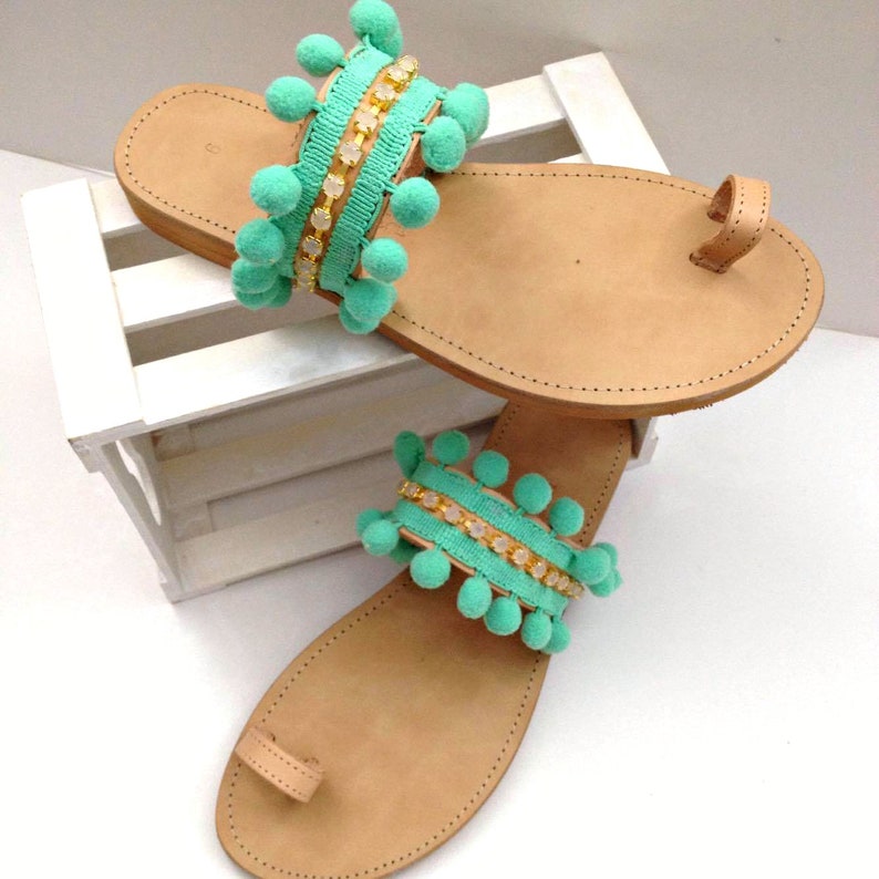 Pon pon and rhinestones sandals Bohemian pon pon sandals Summer shoes Boho sandals Pom pom sandals Greek sandals Womens sandals