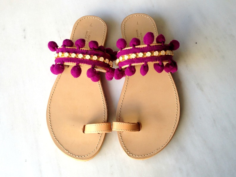 Pon pon and rhinestones sandals Bohemian pon pon sandals Summer shoes Boho sandals Pom pom sandals Greek sandals Womens sandals