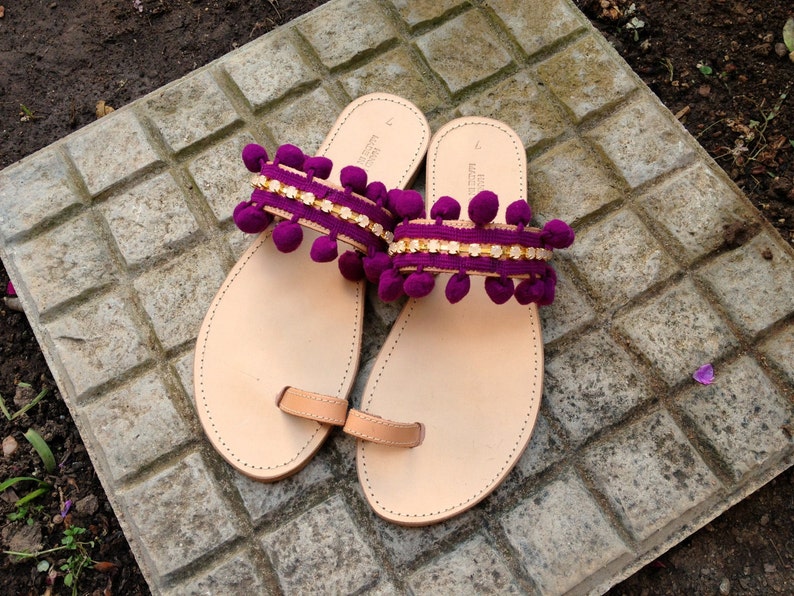 Pon pon and rhinestones sandals Bohemian pon pon sandals Summer shoes Boho sandals Pom pom sandals Greek sandals Womens sandals